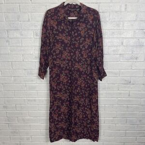Eddie Bauer Burgundy Floral Midi Shirt Dress Womens Petite Size L Modest